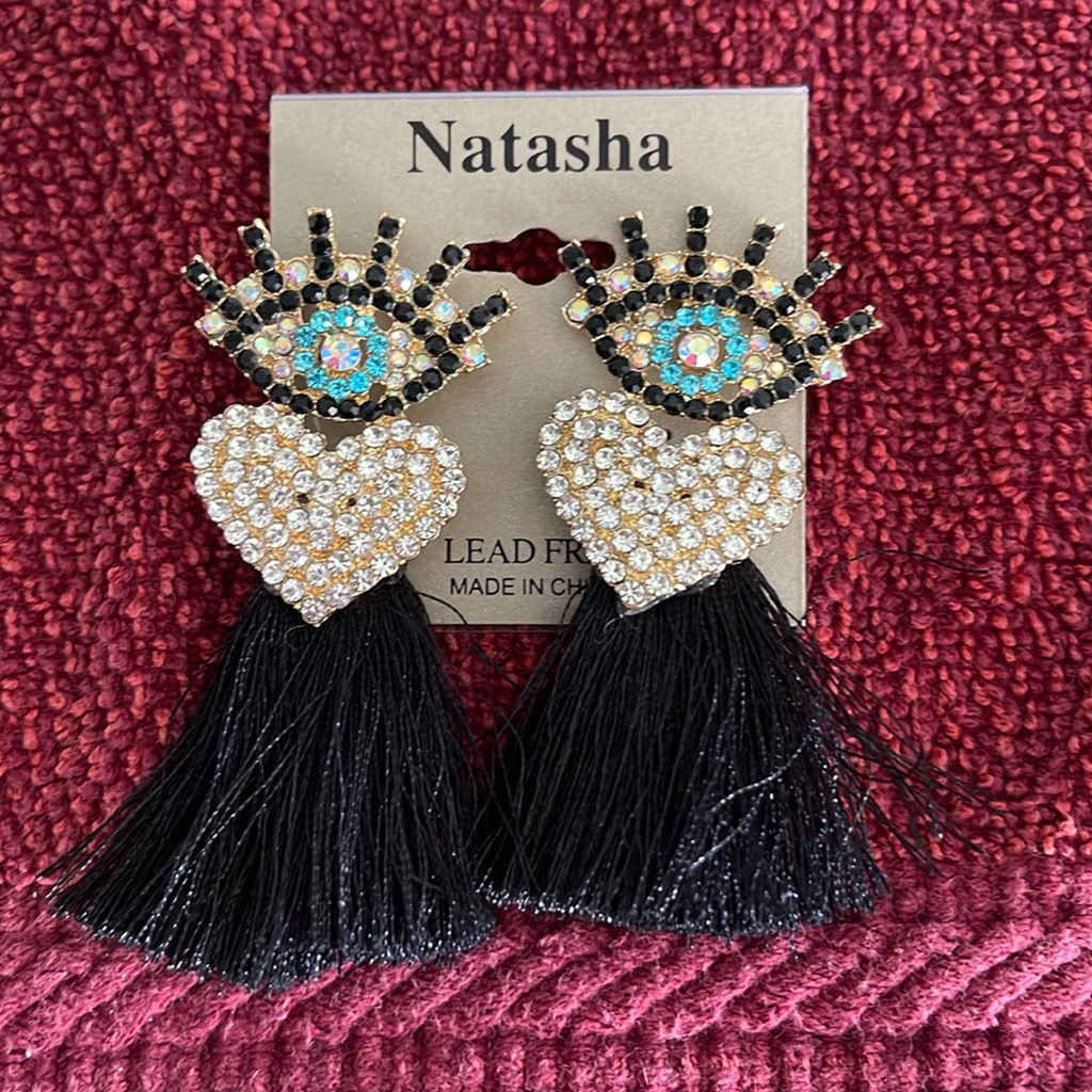Natasha Evil Eye Heart Black Fringe Earrings 29$